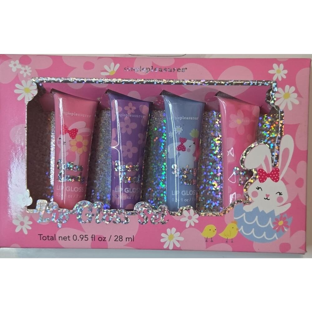 Lip Gloss Set 4pc Bunny Chick Floral Glitter Simplepleasures Spring Beauty Gift